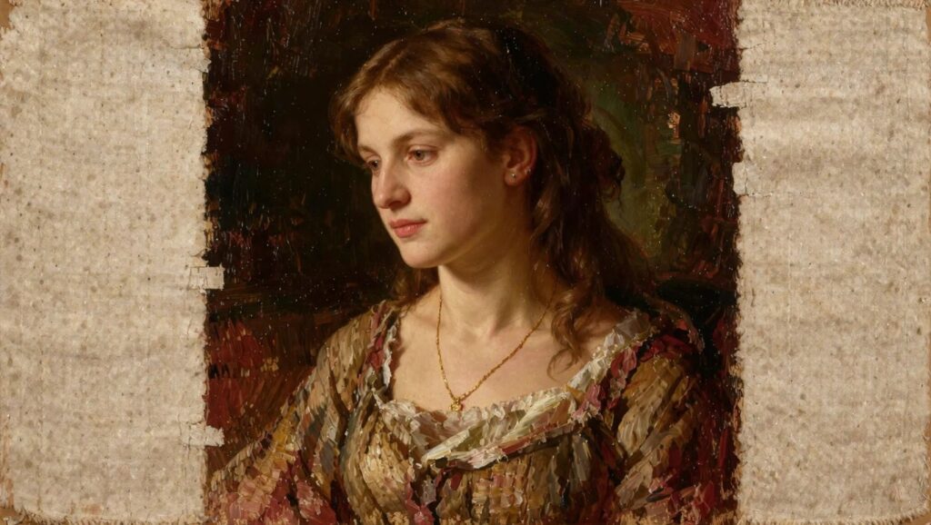 Oil painting of a young woman in left profile with wavy brown hair and textured shawl, against blended green and orange landscape.