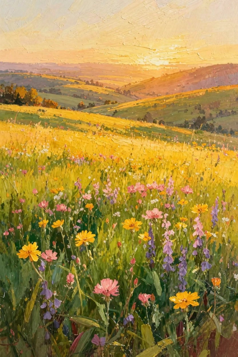 Oil painting of rolling green and yellow hills covered in mixed wildflowers under a warm orange sunset sky.