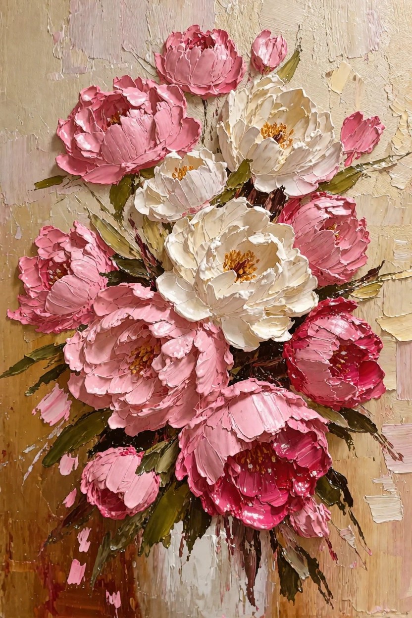 Oil painting of pink and white peonies with green leaves in a white vase on a textured beige background.