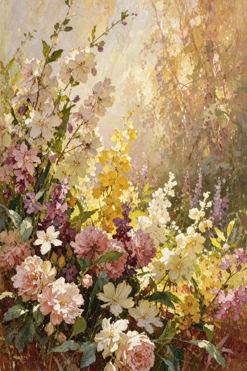 Oil painting of densely packed mixed flowers including pinks, whites, yellows, and purples in soft sunlight with blurred foliage background.