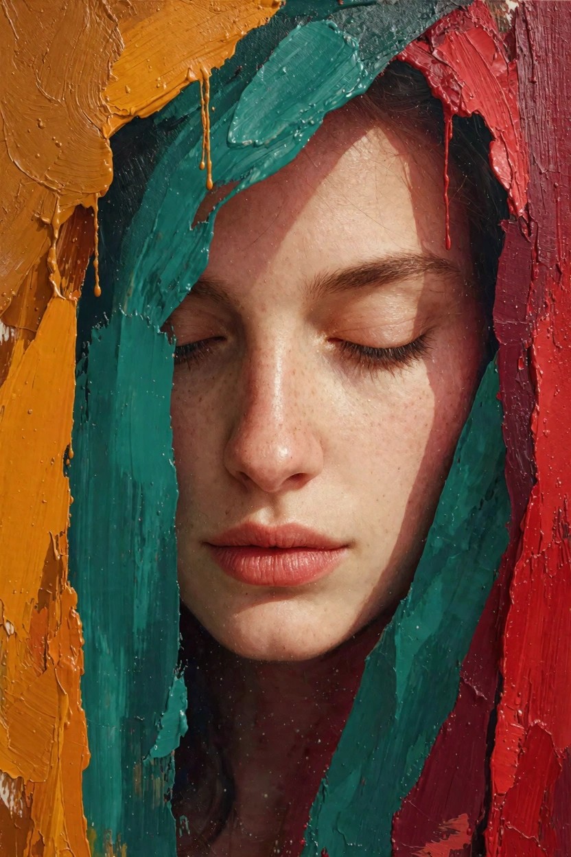 Close-up portrait of a freckled woman with eyes closed, framed by thick dripping layers of orange, teal, and red oil paint.