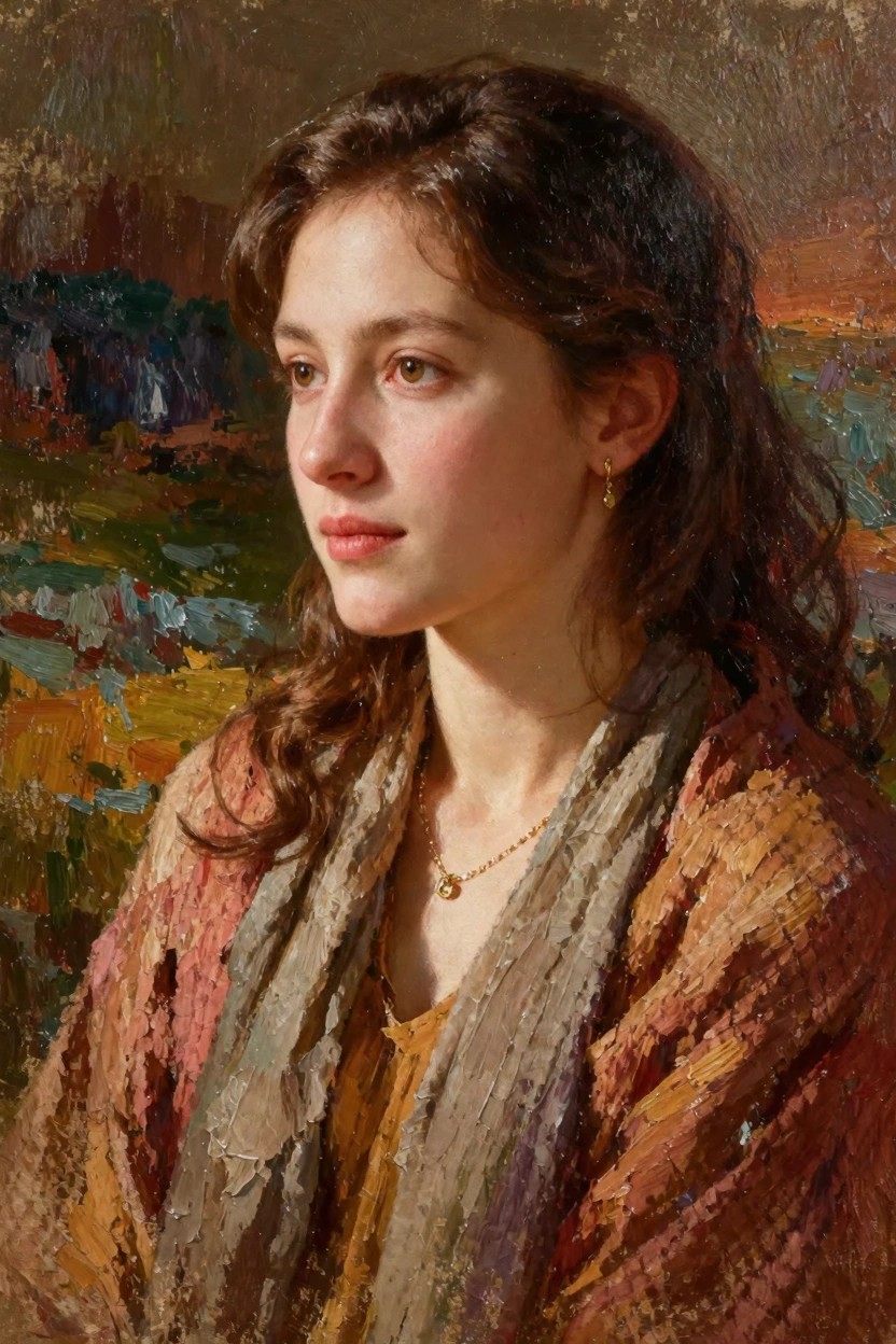 Oil painting of a young woman in left profile with wavy brown hair and textured shawl, against blended green and orange landscape.