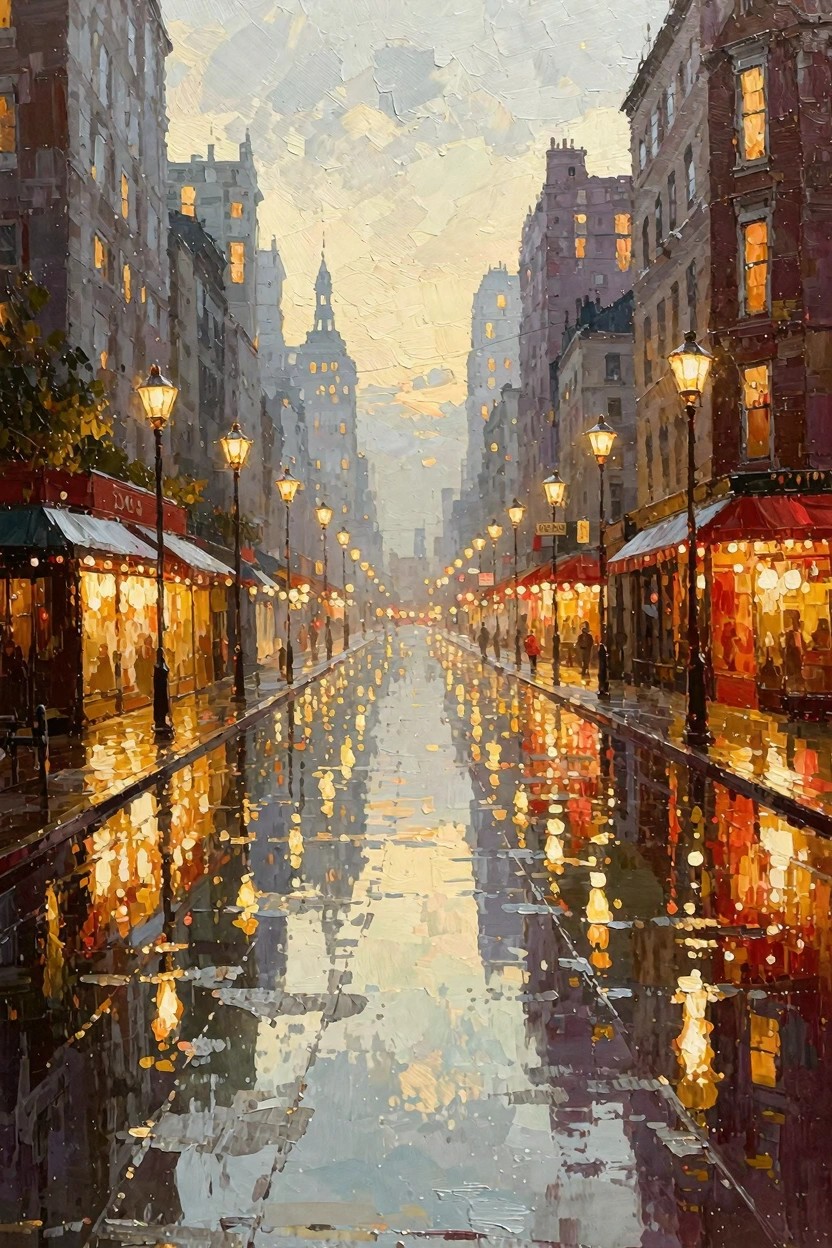Oil painting of a narrow rainy city street at twilight with lit shops, street lamps, building reflections in puddles, and a distant tower.