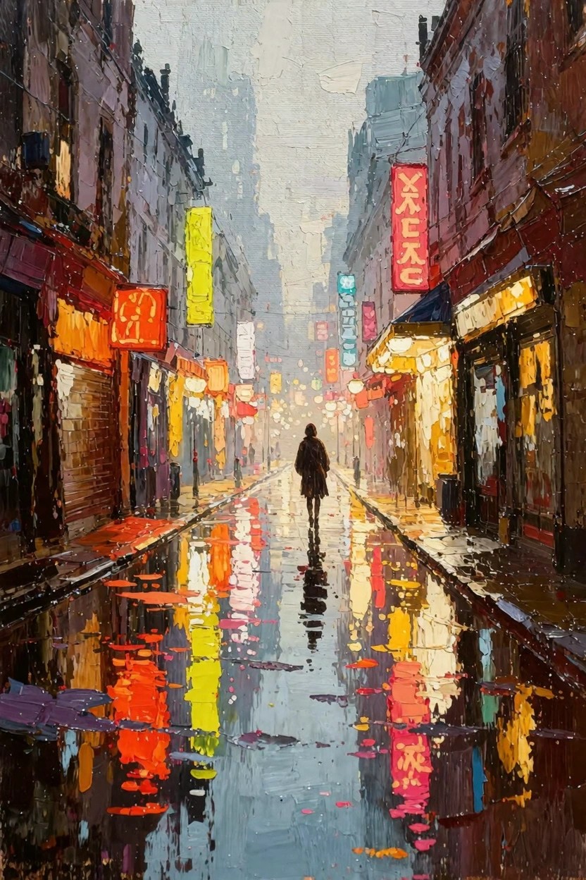 Oil painting of a rainy nighttime urban street lined with colorful neon signs reflecting on wet pavement, featuring a lone walking figure in the center.