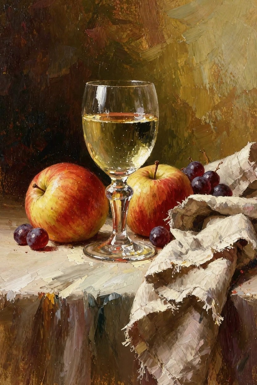 Oil painting still life featuring red apples, purple grapes, a glass of white wine, and draped cloth on a wooden surface against a warm blurred background.