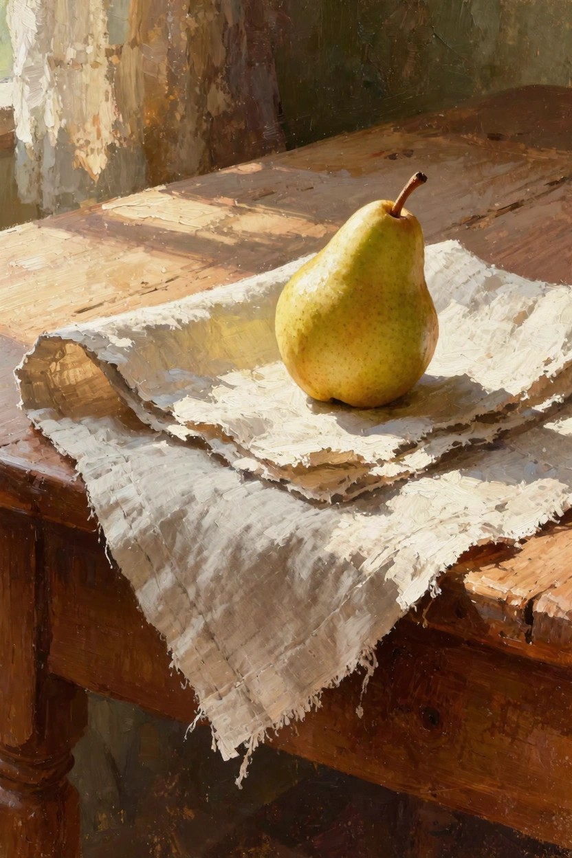 Realistic oil painting of a yellow-green pear on draped white linen cloth over a wooden table with sunlight streaming through sheer curtains.