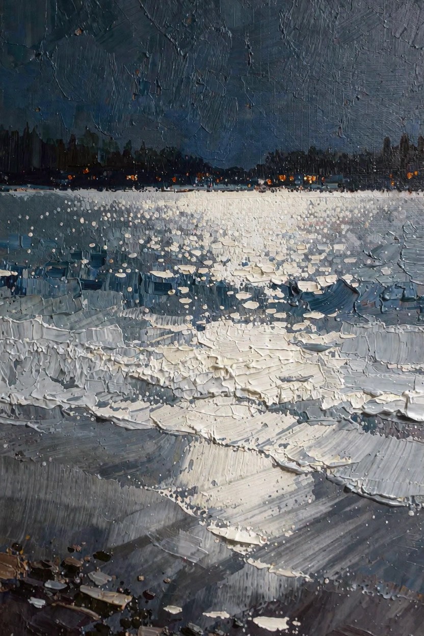 Oil painting depicting a dark nighttime water landscape with textured white waves reflecting bright moonlight, distant shoreline lights, and a stormy blue-black sky.