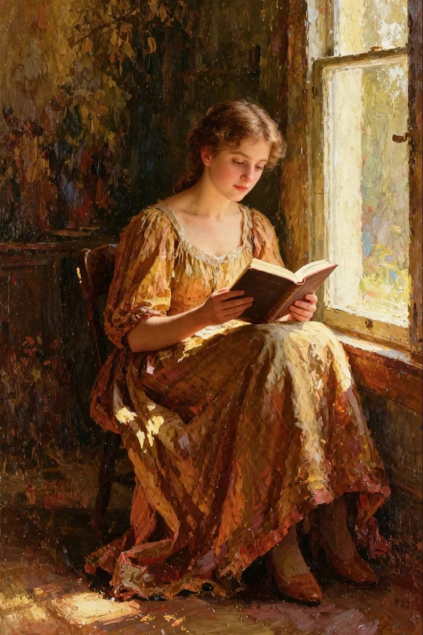 Oil painting of a young woman in a textured golden dress sitting by a window reading an open book in warm sunlight.