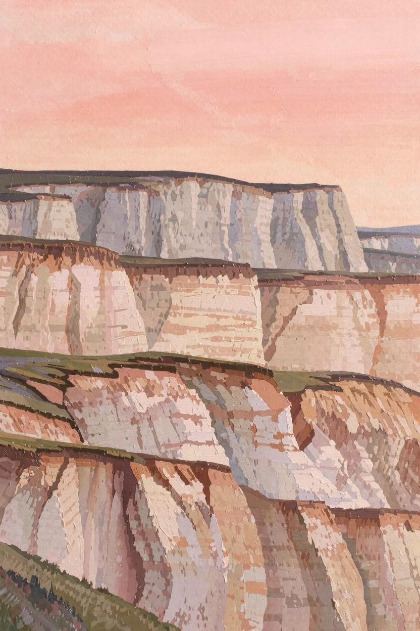 Gouache-style painting of multi-layered white and beige cliffs with rust edges and green grass under a pink sky.