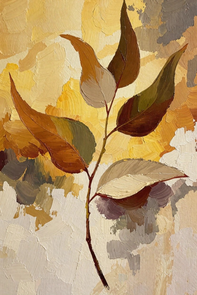 Oil painting of a stem with five leaves in yellow, orange, brown, green, and white tones against a textured yellow-gray background.