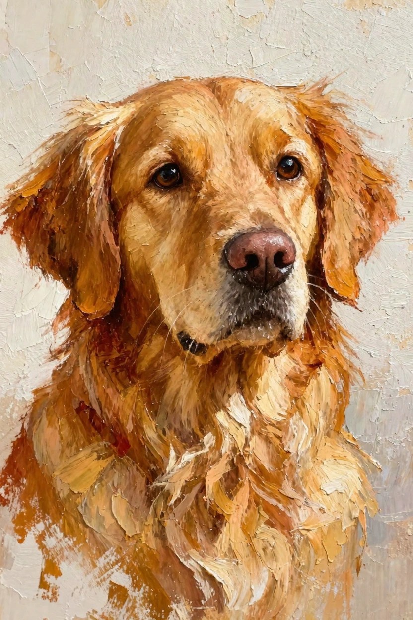 Close-up oil painting portrait of a golden retriever dog's face showing textured golden fur, brown eyes, black nose, and subtle beige background.