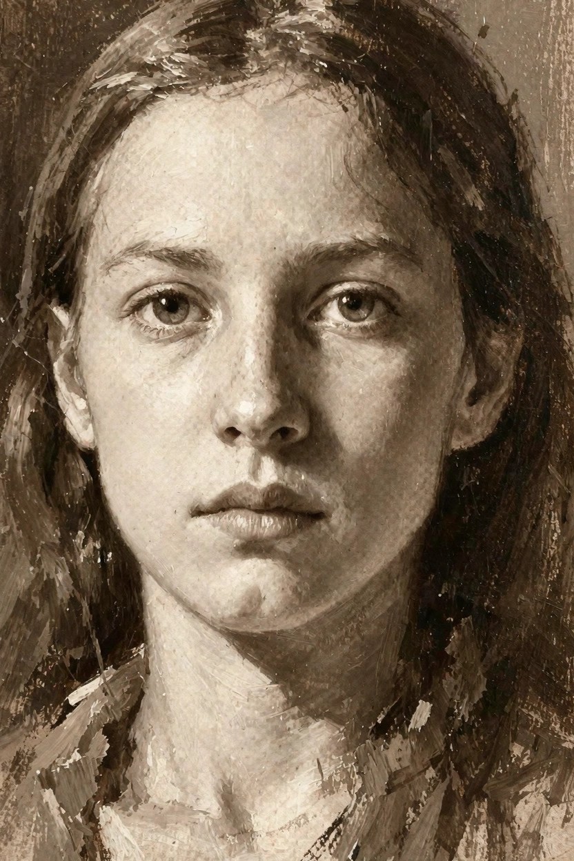 Close-up oil painting portrait of a young woman with straight brown hair, pale skin, and direct gaze in sepia tones.