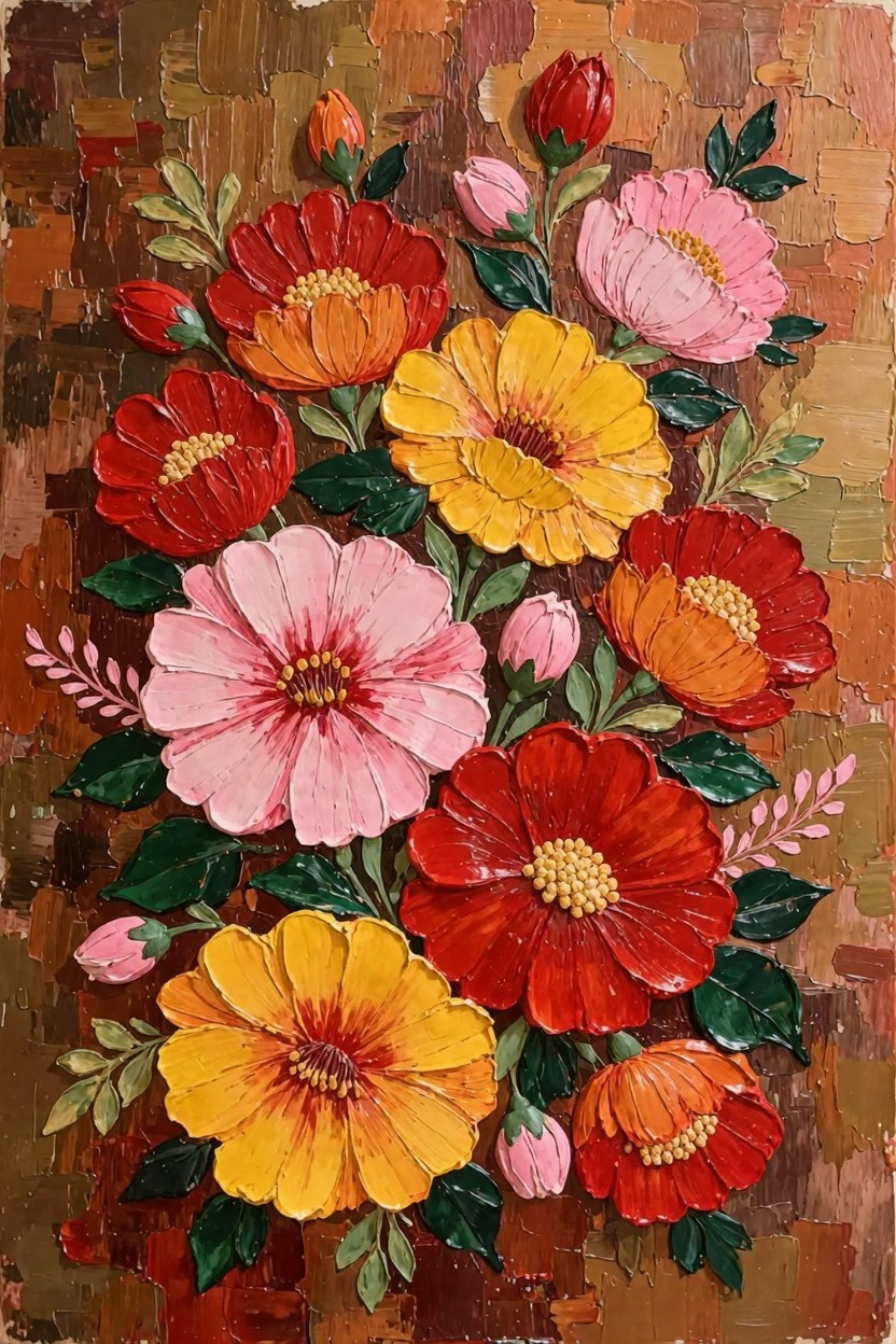 Textured oil painting of clustered red, pink, yellow, and orange flowers on a brown background.