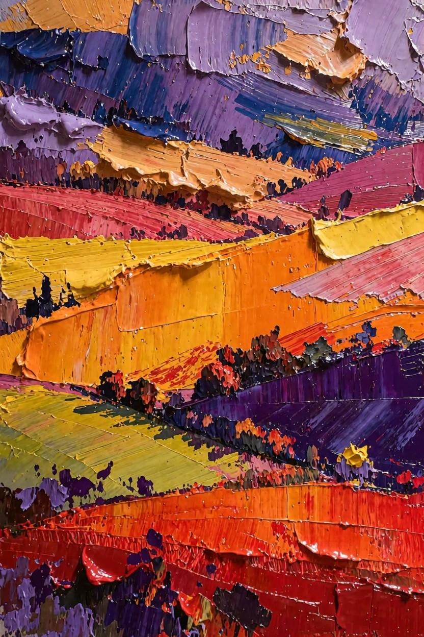 Abstract oil painting of rolling hills in thick impasto strokes using vibrant purples, blues, oranges, reds, yellows, and greens.