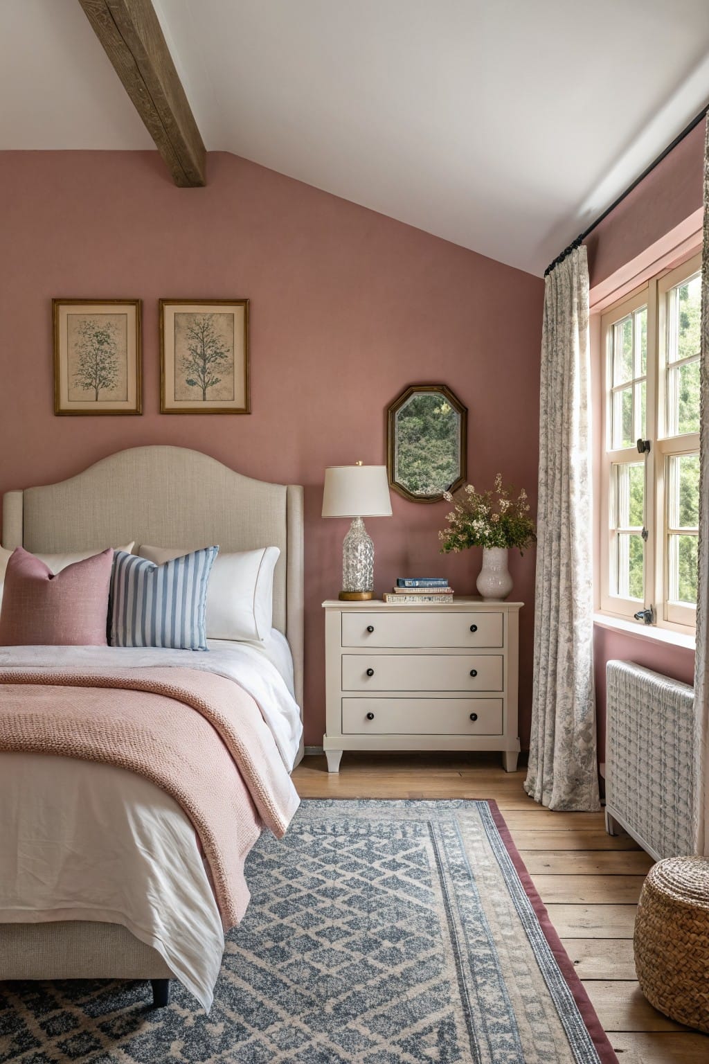 Bedroom with soft blush pink walls, beige upholstered bed, white dresser topped with lamp and flowers, blue striped pillows, window with sheer curtains, blue rug on wood floors
