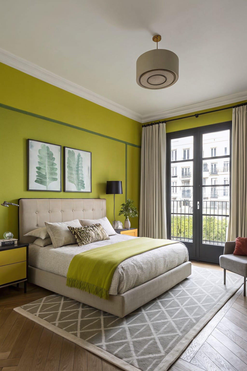 Bedroom featuring vibrant chartreuse green walls with yellow accents, cream upholstered bed, and large windows