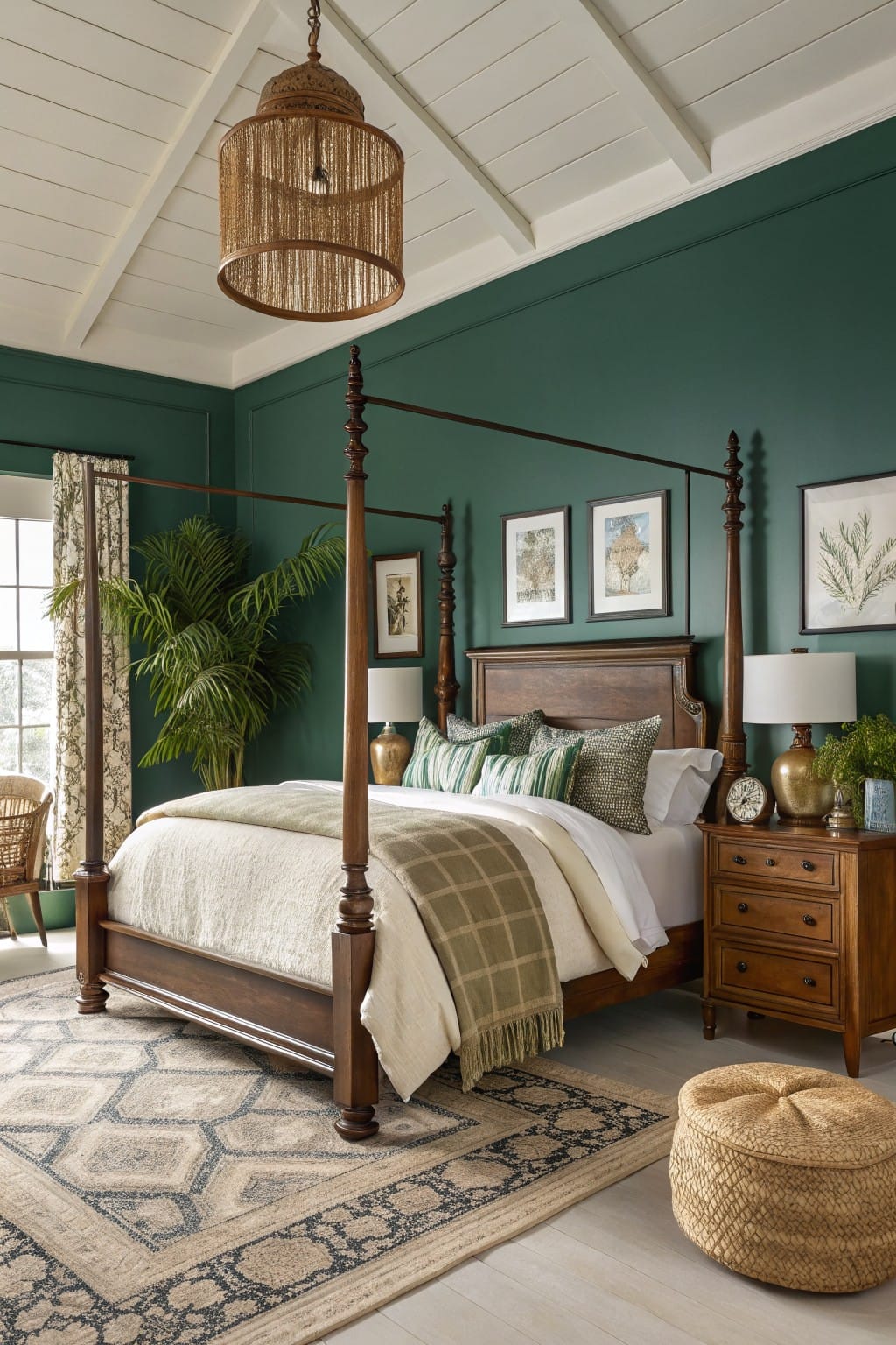 Cozy bedroom featuring deep emerald green walls with a dark wood four-poster bed, layered textiles, and potted palm accents