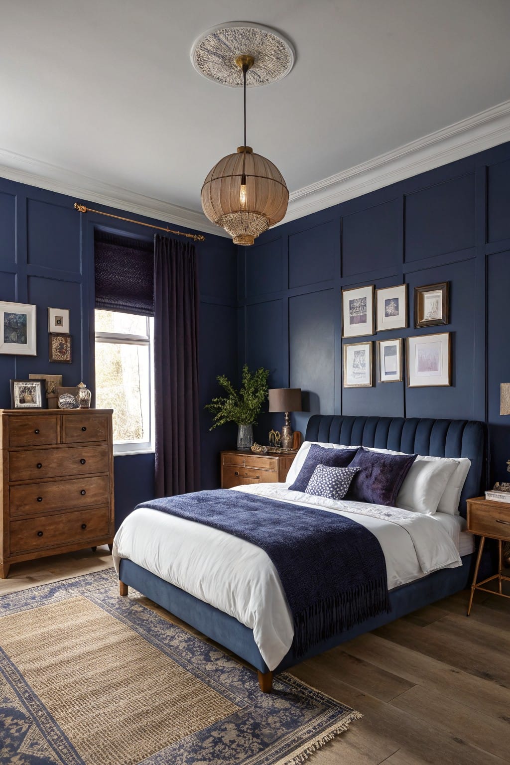 Bedroom featuring deep navy paneled walls, tufted navy bed with white bedding, wood dressers, rattan pendant light, and assorted framed art