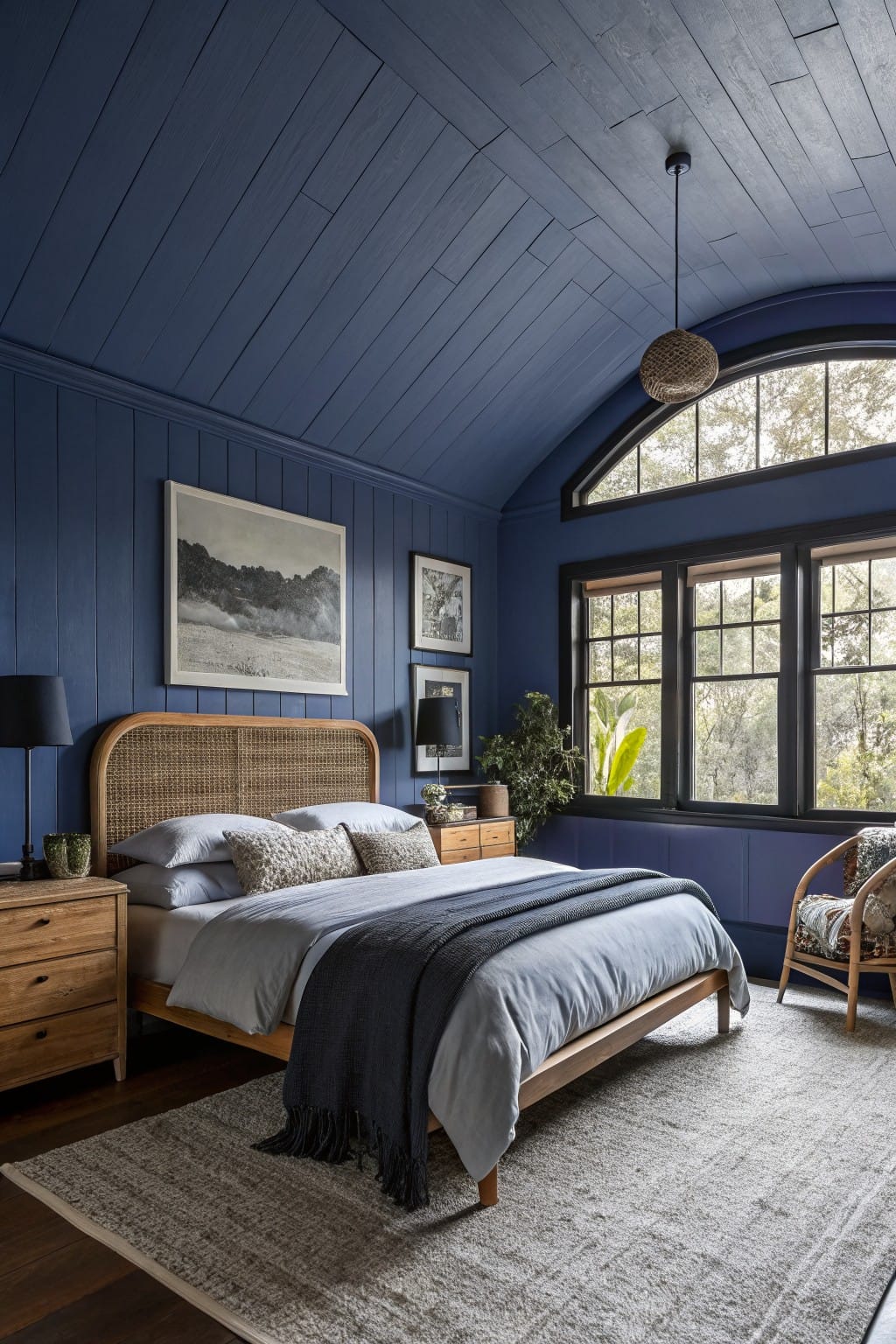 Bedroom with deep navy blue shiplap walls and curved ceiling, wood bed framed by rattan headboard, nightstands with plants, large arched black-framed windows, and neutral rug