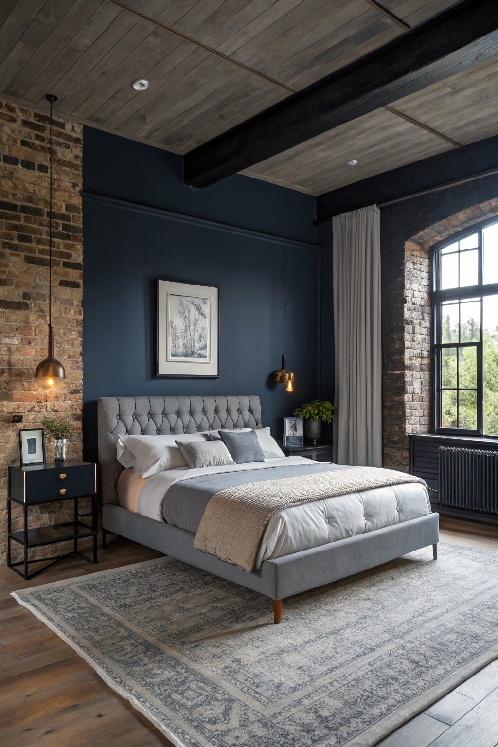Bedroom interior with deep navy painted walls, tufted gray bed, exposed brick accent wall, pendant lights, and large arched window with gray curtains