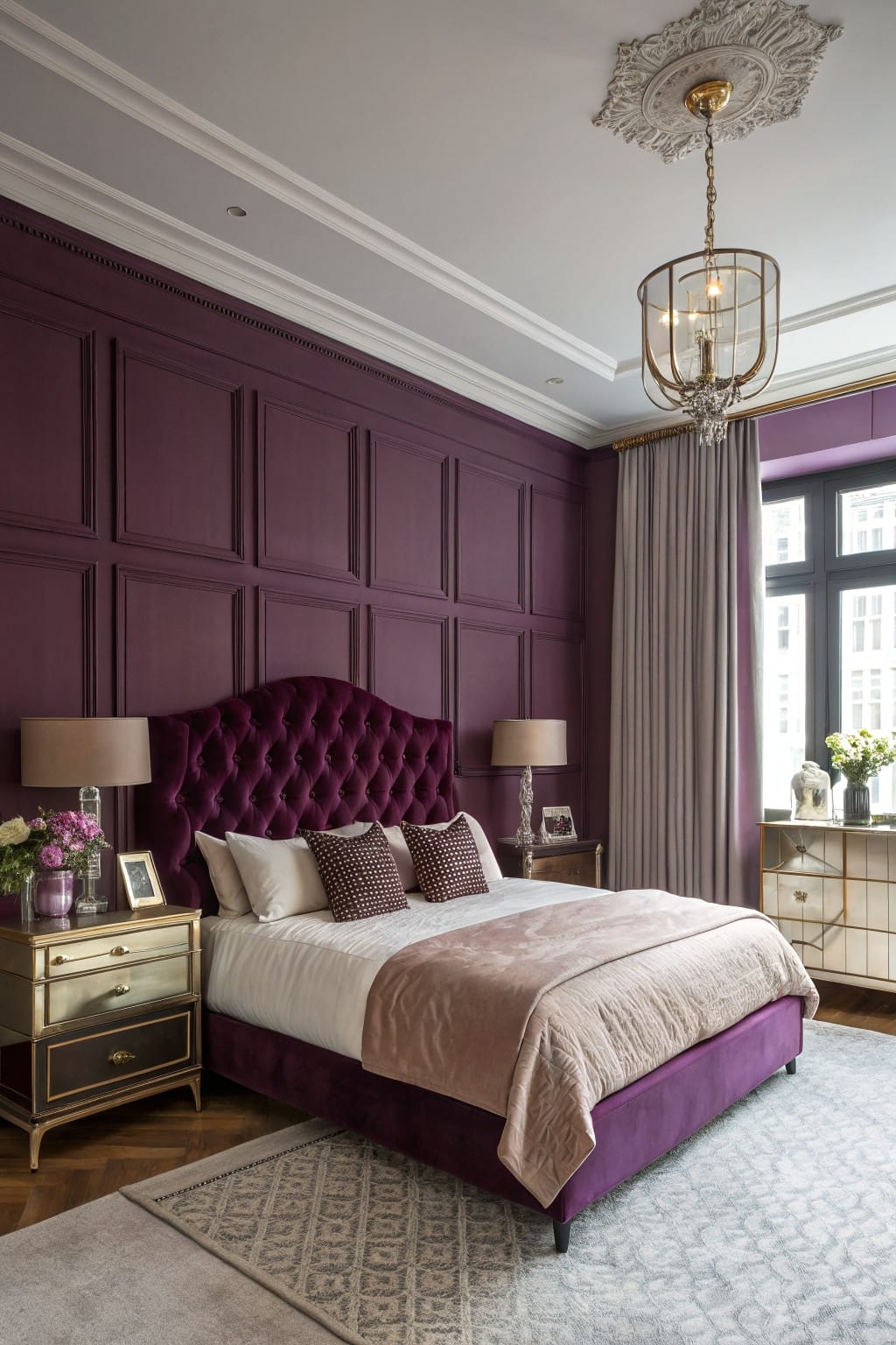 Elegant bedroom featuring deep purple paneled walls, tufted purple velvet bed, gold side tables, and blush bedding under a chandelier