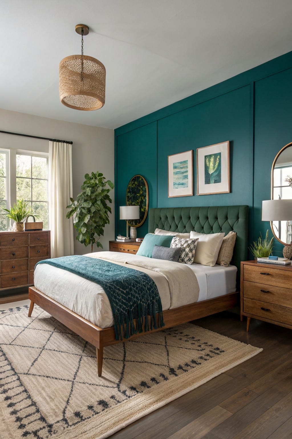 Cozy bedroom with deep teal planked accent wall behind tufted green headboard and wooden mid-century bed, rattan pendant light, plants, and gold mirror
