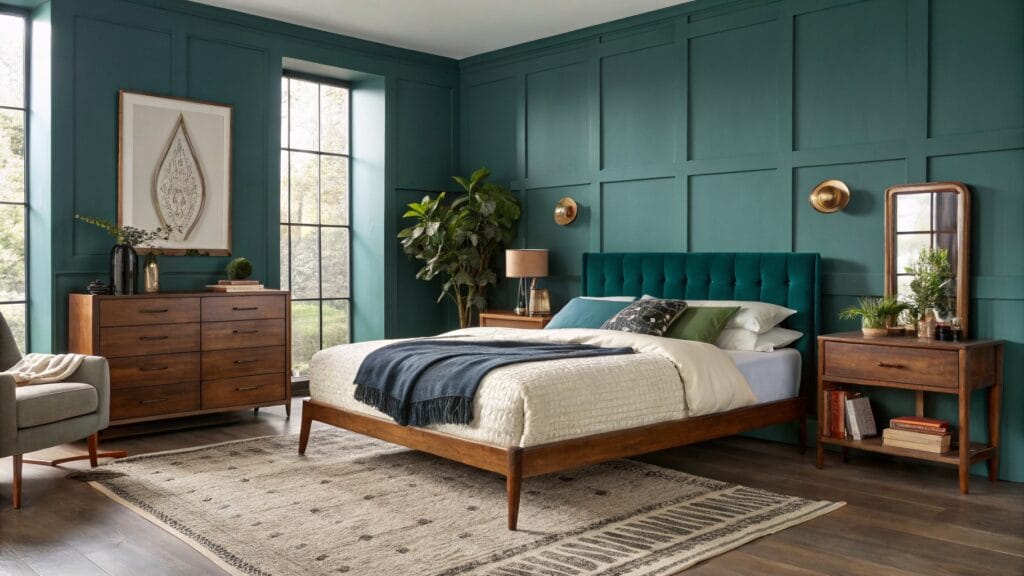 Cozy bedroom with deep teal planked accent wall behind tufted green headboard and wooden mid-century bed, rattan pendant light, plants, and gold mirror