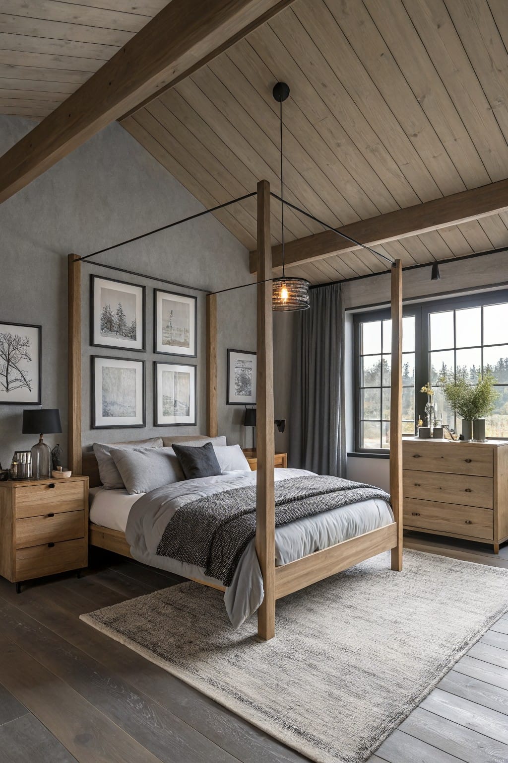 Bedroom interior with light cool gray walls, tall wood four-poster bed, matching oak nightstands and dresser, exposed wood ceiling beams, large window with gray curtains overlooking landscape