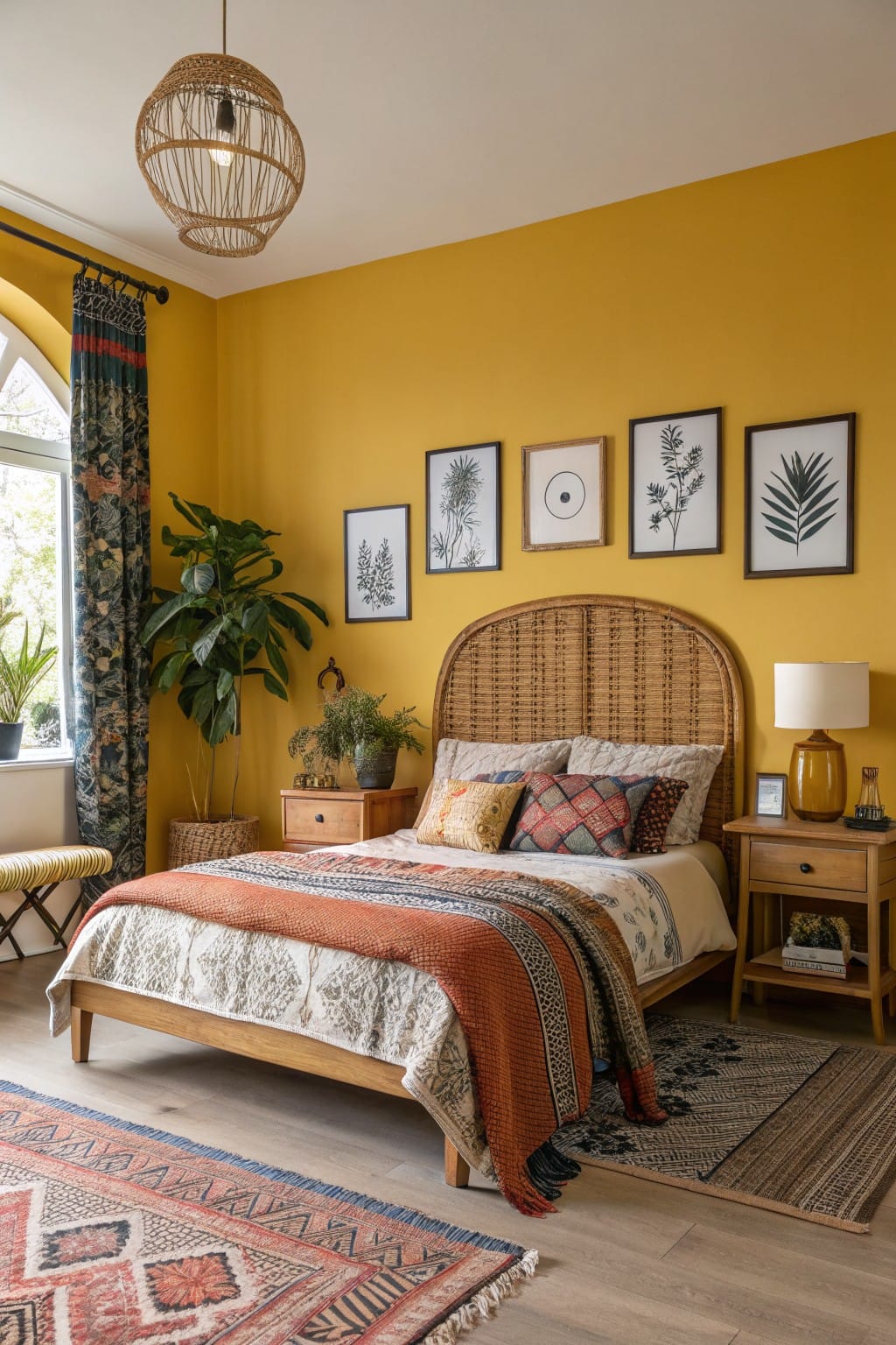 Bedroom interior with mustard yellow walls, rattan headboard bed, layered boho bedding, potted plants, and botanical wall art
