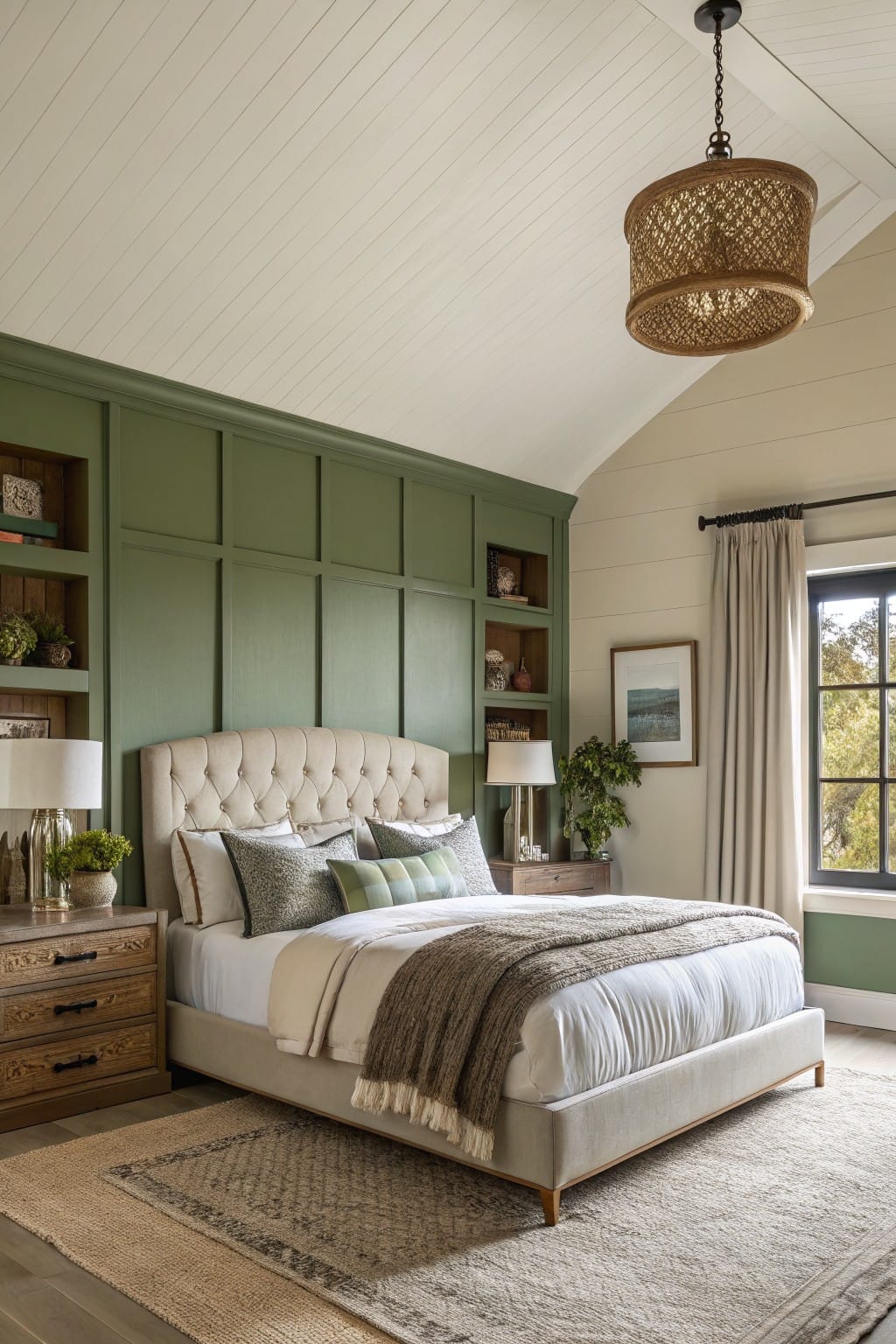 Bedroom featuring muted sage green board-and-batten accent wall behind a beige tufted bed, flanked by wood nightstands with lamps, rattan pendant light, and neutral rug