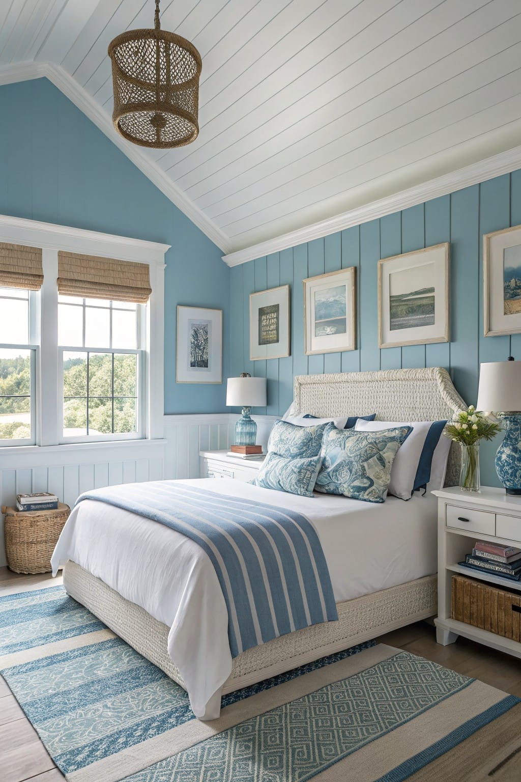 Cozy bedroom with pale blue paneled walls, white wicker bed dressed in blue and white linens, coastal artwork, and hardwood floors under a seagrass rug