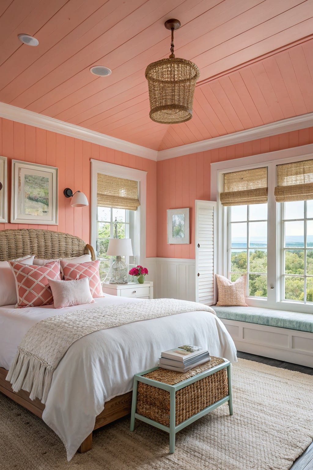 Bedroom interior with pale coral pink shiplap walls and ceiling, rattan headboard bed with white and pink bedding, white window seat, woven pendant light, and views of green landscape through bamboo-shaded windows