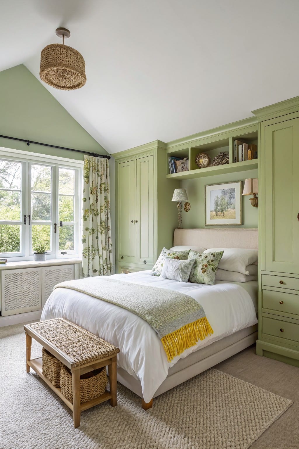 Cozy bedroom featuring soft sage green walls and built-in wardrobes flanking a white upholstered bed with green throw pillows and yellow-fringed blanket