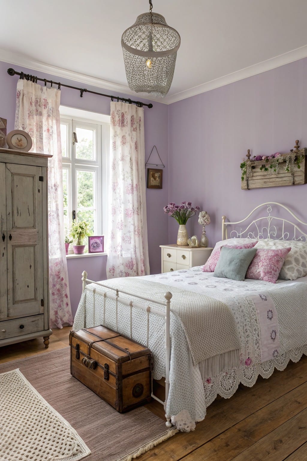 Cozy bedroom interior with pale lavender walls, white metal bedframe, floral curtains, and vintage wooden furniture