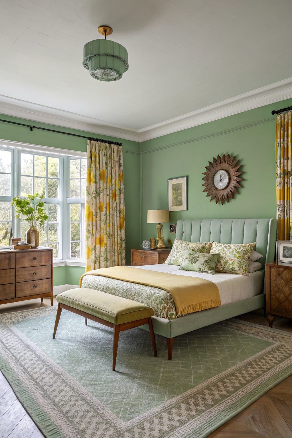 Bedroom interior with pale sage green walls, tufted green headboard, yellow throw blanket, floral curtains, and wood furnishings on hardwood floors
