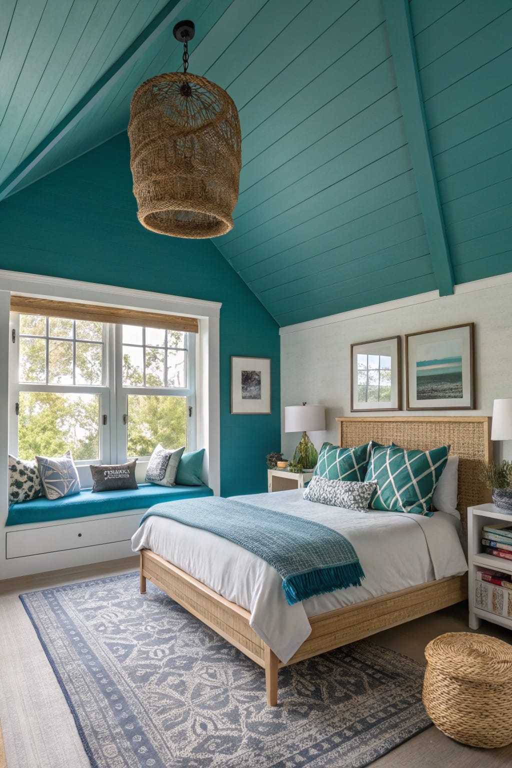 Cozy attic bedroom featuring a striking teal-painted ceiling with wooden beams, rattan bed frame, window seat with teal cushions, and neutral woven rug