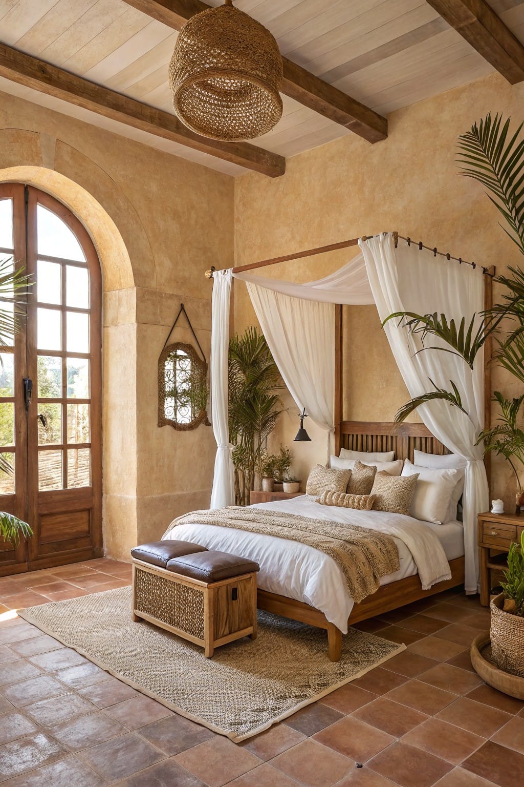 Cozy bedroom featuring warm beige plaster walls, a white-draped canopy bed, potted plants, woven rug, and arched doors opening to outdoors