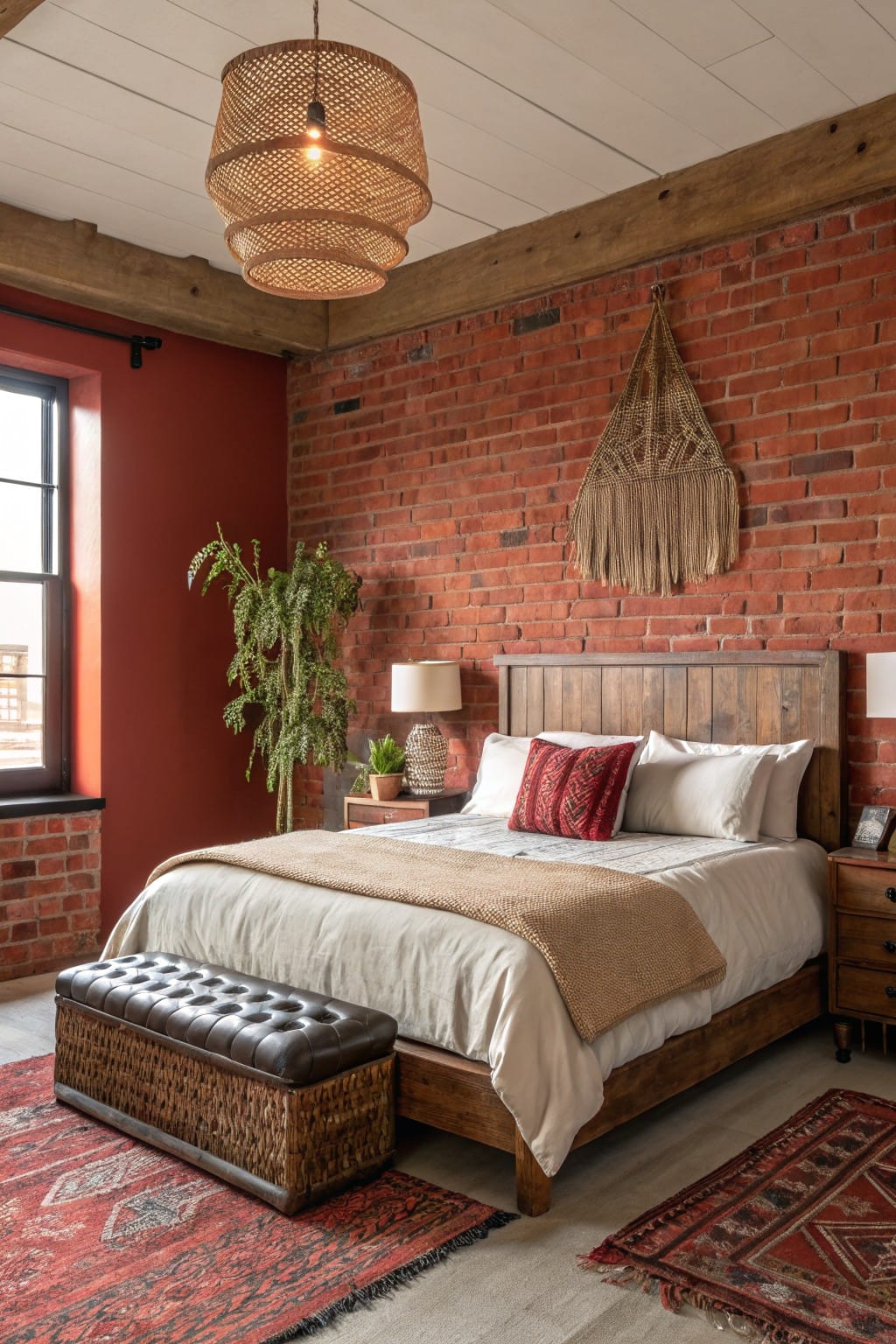 Cozy bedroom with brick walls, wooden bed, potted plants, and patterned rugs.