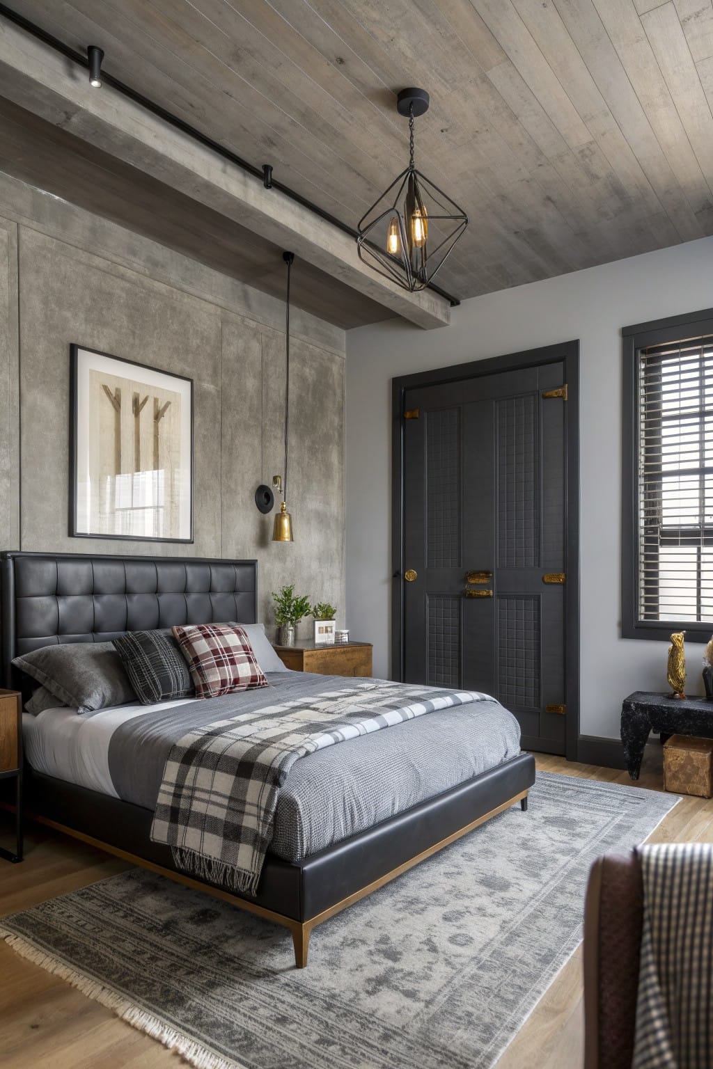 Bedroom featuring warm gray textured concrete accent wall next to wood ceiling and black leather bed