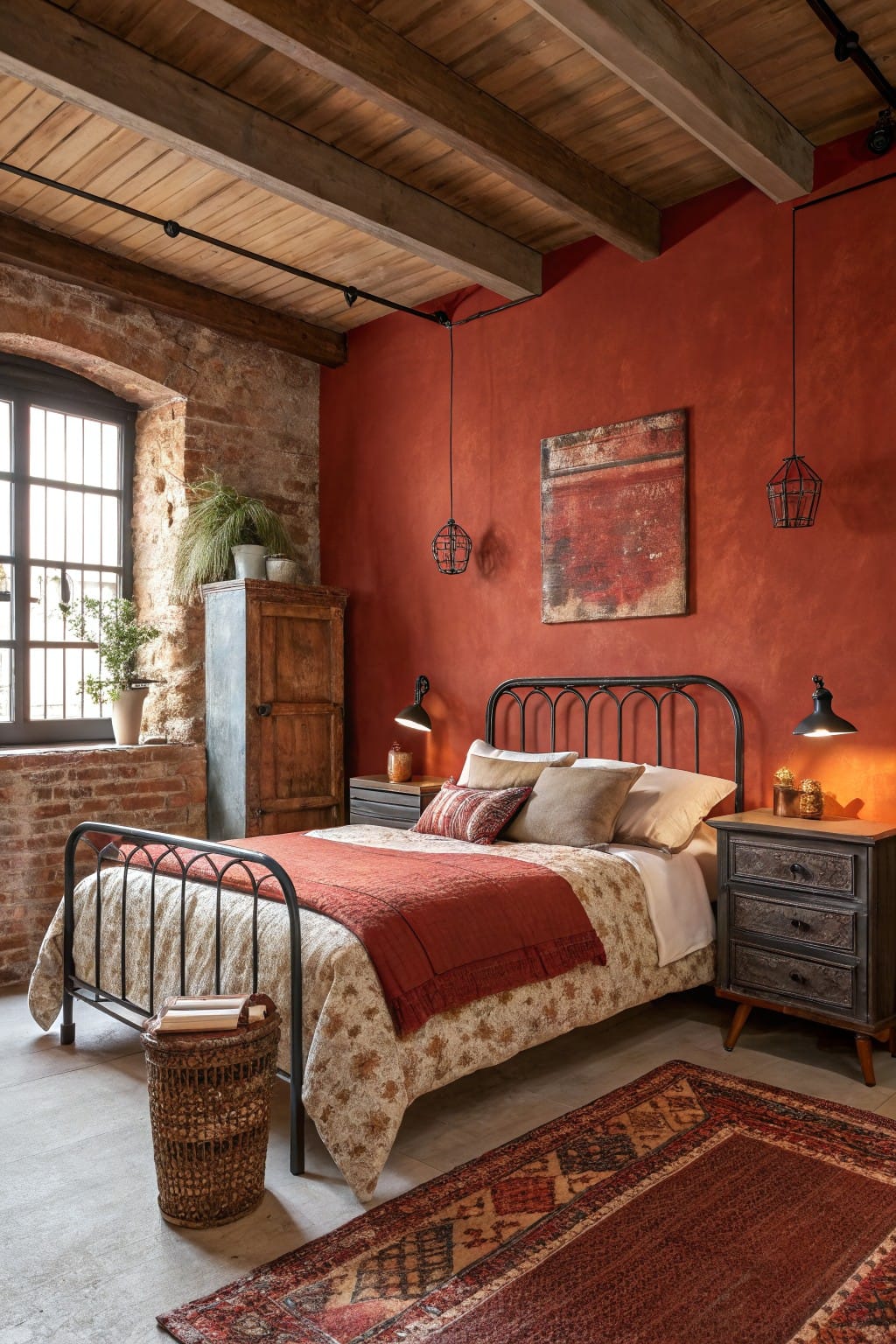 Cozy bedroom interior featuring a bold terracotta red accent wall paired with exposed brick, iron bed frame, wooden accents, and warm lighting