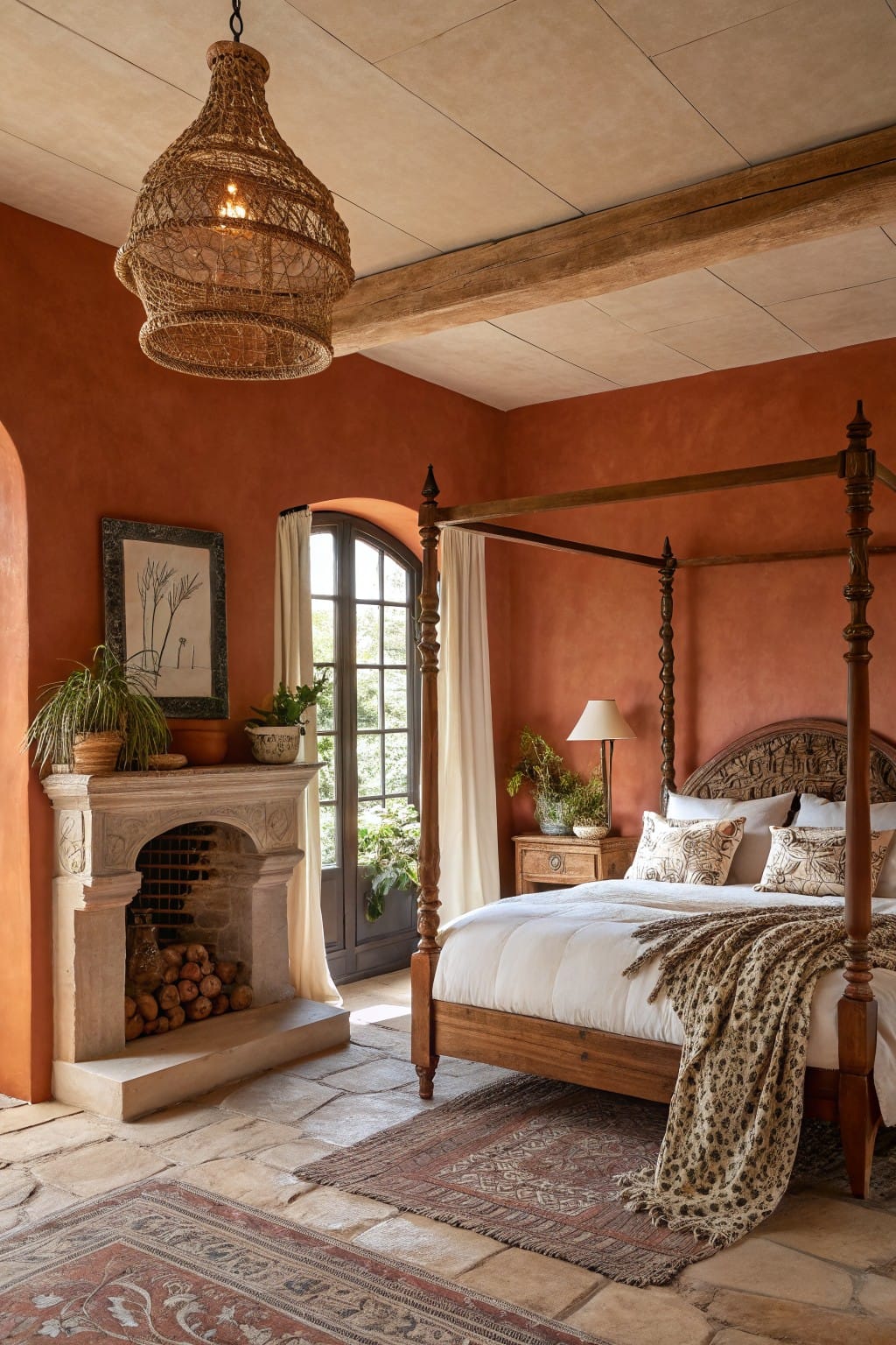 Cozy bedroom featuring warm terracotta walls, carved wooden four-poster bed, stone fireplace with firewood, and rattan pendant light