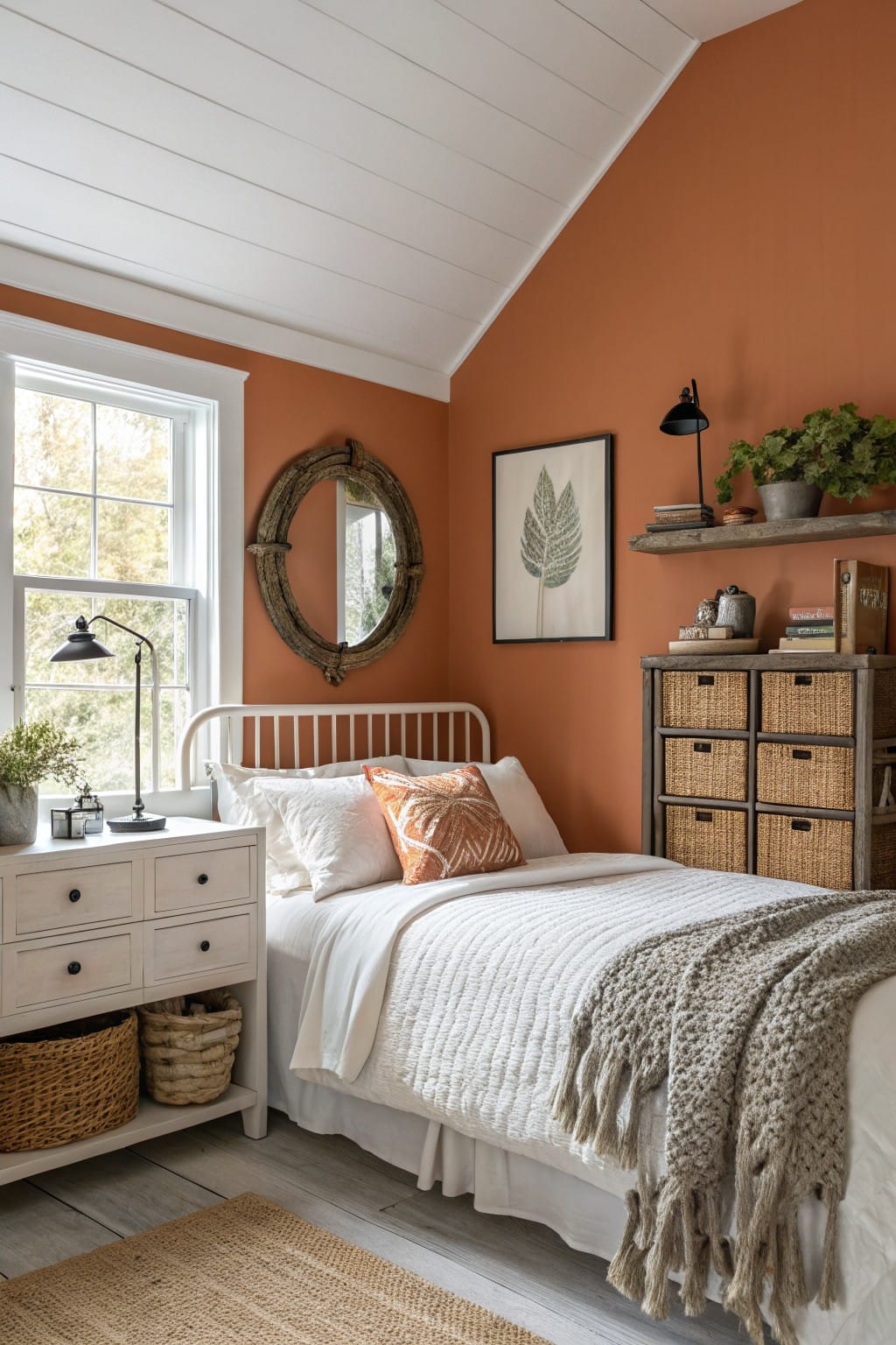 Cozy attic bedroom featuring warm terracotta walls, white iron bed with orange pillow and knit throw, wooden nightstand and shelves with plants and books, rattan baskets, and natural light from window