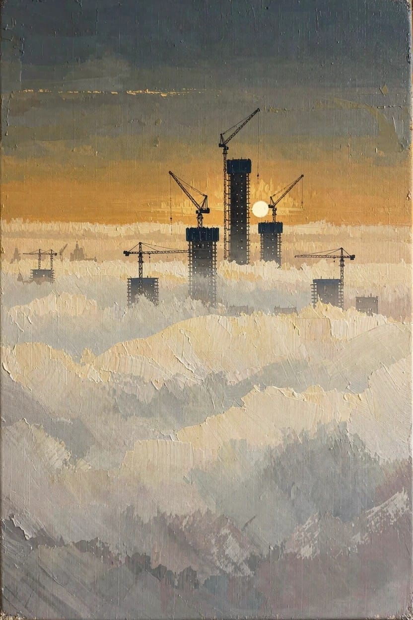 Oil painting of black silhouetted cranes and unfinished skyscrapers rising from impasto-textured white clouds under a gradient orange-to-gray sunset sky with a visible sun.