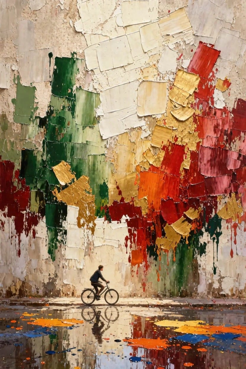 Textured oil painting of a man biking in front of a peeling wall in vibrant greens, reds, golds, and oranges with colorful reflections in wet ground puddles.