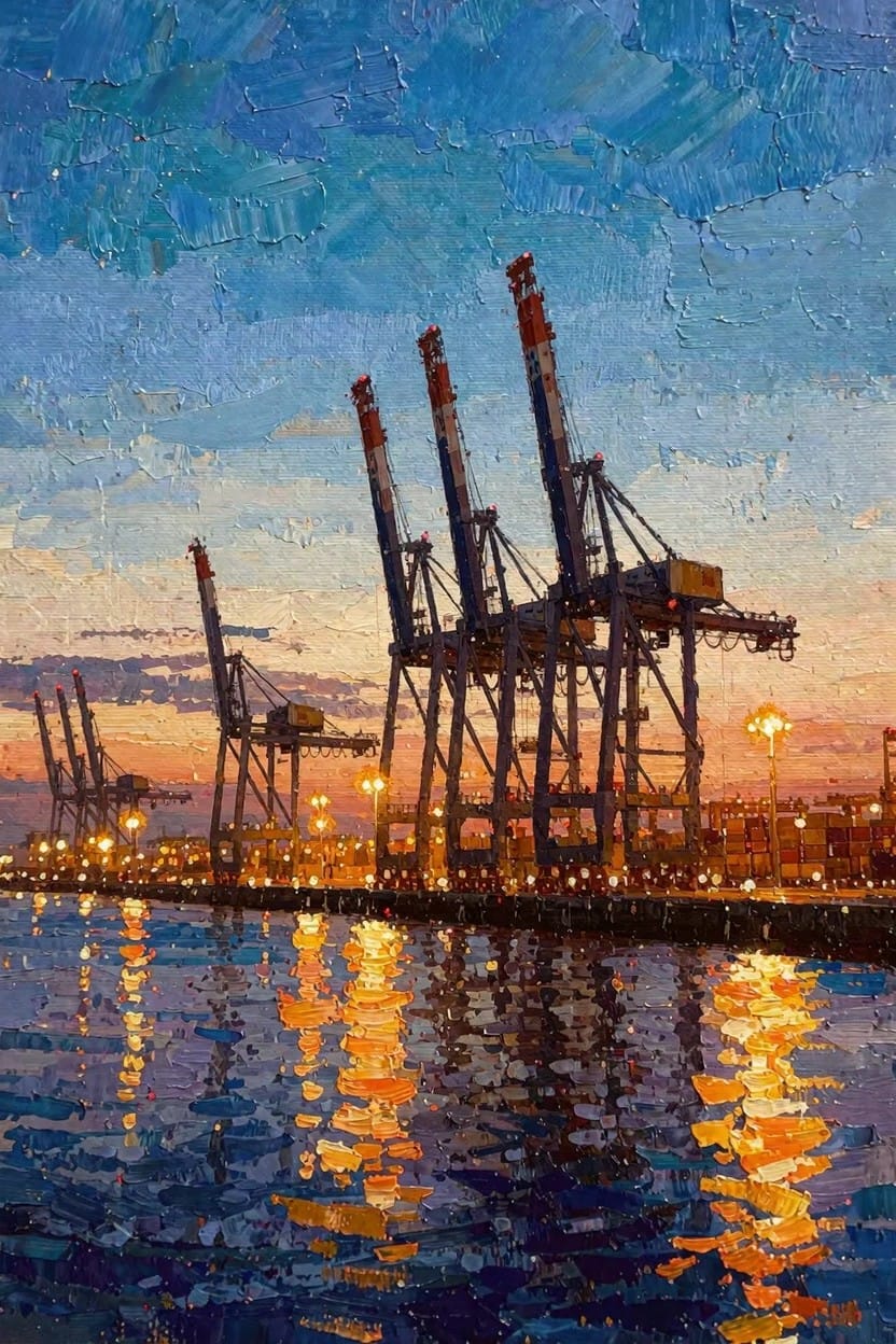 Impasto oil painting of multiple harbor cranes at dusk with lights and containers reflecting in dark water under a blue-orange sky.