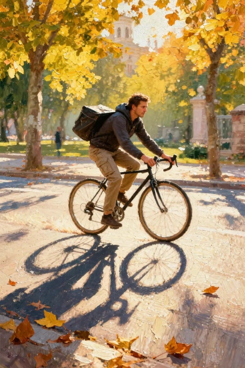 Oil painting of a man biking downhill on a sunny autumn street lined with yellow trees, casting long shadows amid fallen leaves.