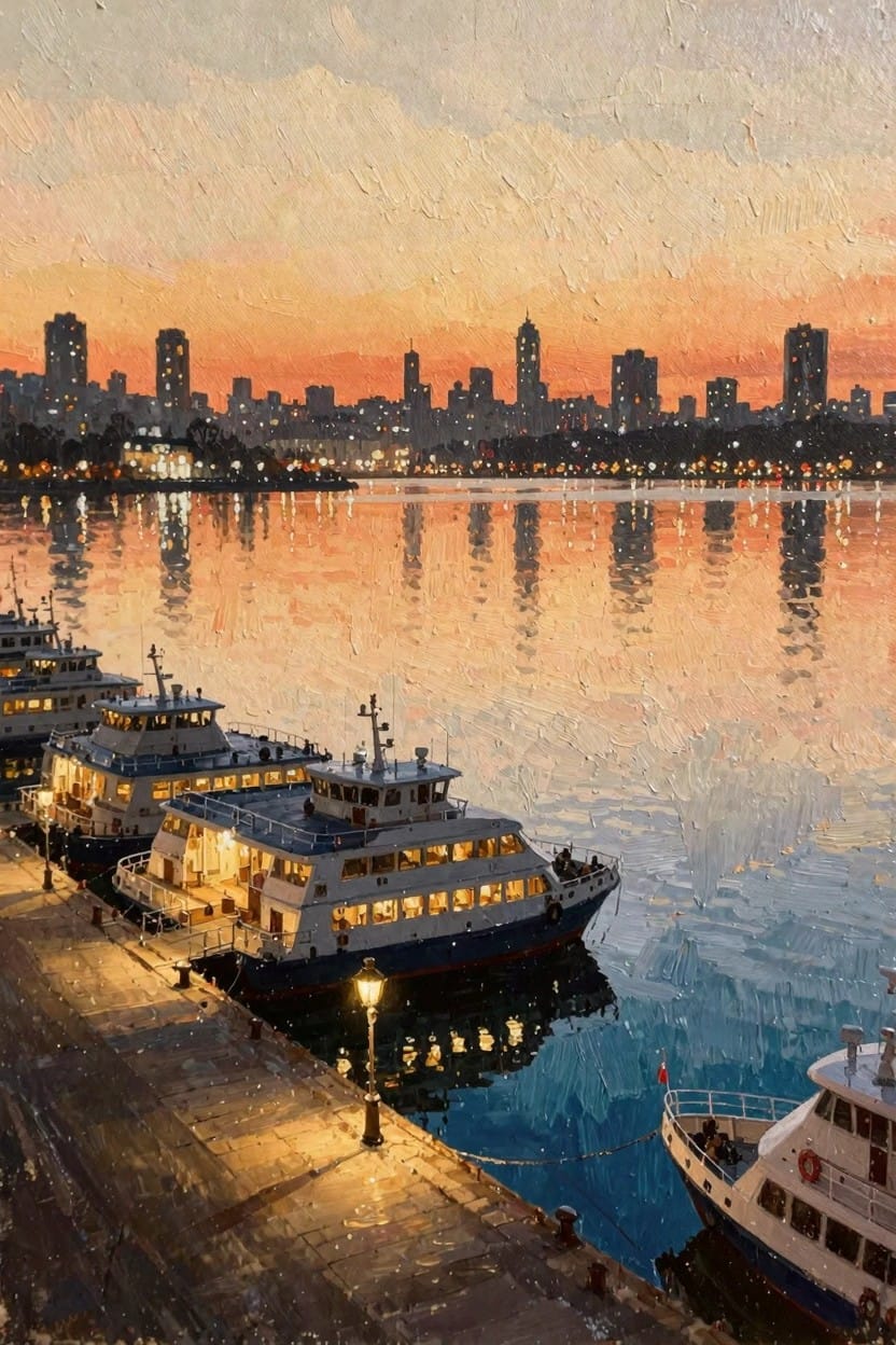 Oil painting of white ferries docked at a pier under an orange twilight sky with city skyline and reflections in blue harbor water.