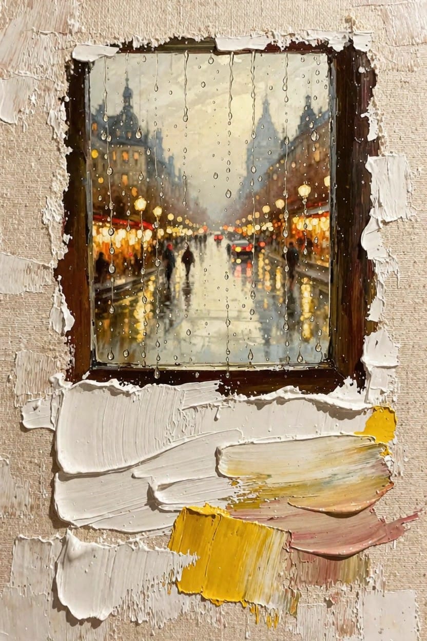 Oil painting of rainy nighttime city boulevard with glowing lamps and reflections, inside a wooden frame surrounded by textured impasto paint strokes on canvas.
