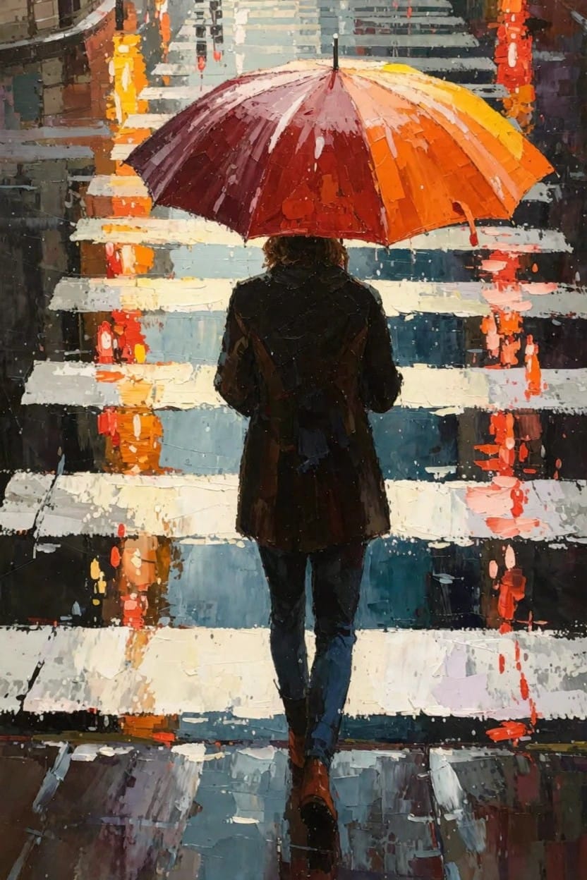 Oil painting of a woman holding a multicolored red-orange umbrella while walking down wet nighttime urban steps with orange light reflections on the surfaces.