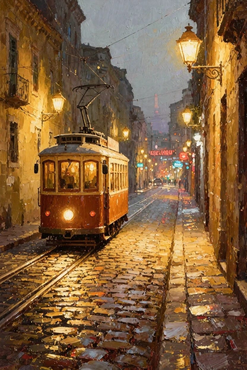 Oil painting of a red vintage tram on wet cobblestone tracks in a narrow nighttime alley with lit lamps, yellow buildings, and distant neon signs.